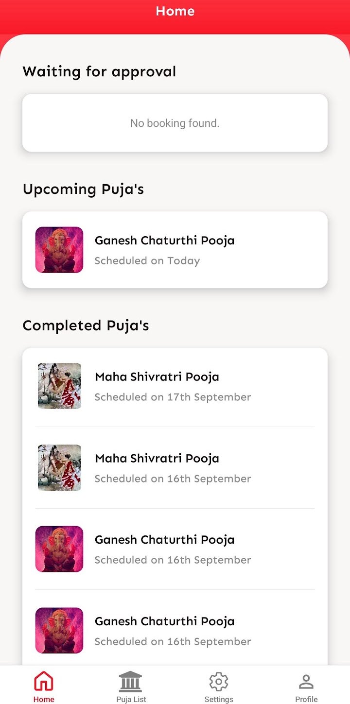 PujaGuru Panditji app dashboard with upcoming pujas
